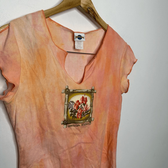 vtg y2k 00s 90s UNIVERSAL STUDIOS lettuce hem tie dye logo t shirt orange size M - Picture 3 of 6